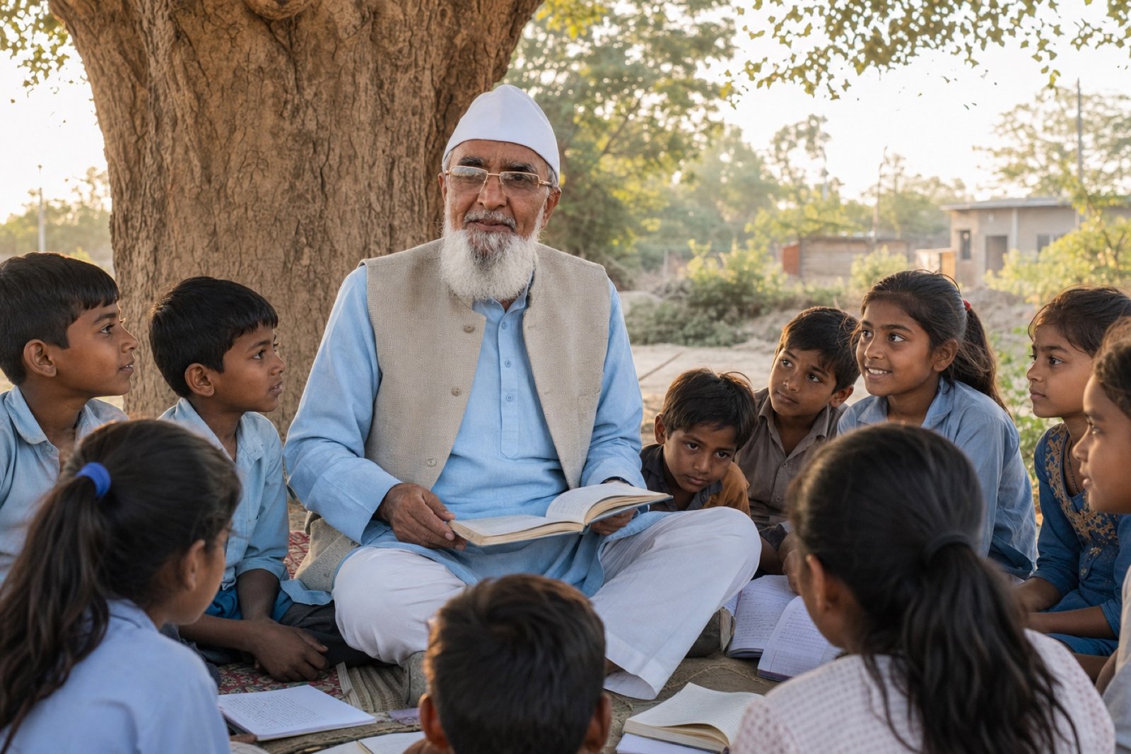 Illustrative visual of Dr. Hajibhai Badi sharing a book with rural schoolchildren outdoors